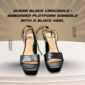 Guess Black Crocodile-Embossed Platform Sandals With Block Heel & Adjustable Str